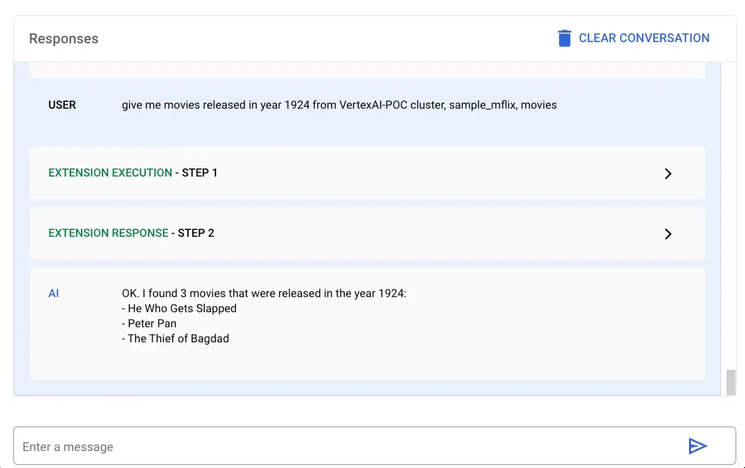 Screenshot of the Vertex AI response to the natural language query